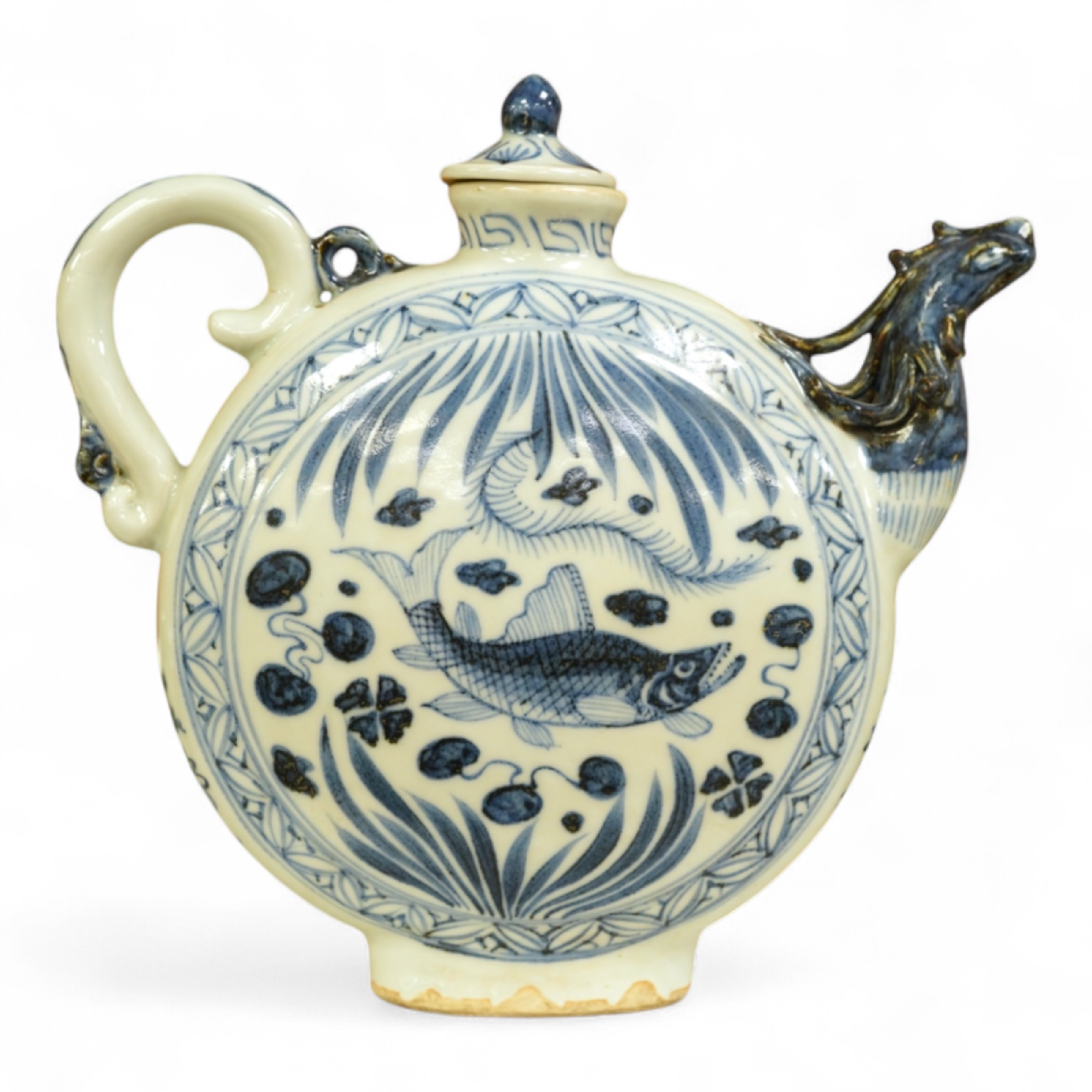 A Chinese blue and white moon flask wine pot with phoenix spout, 21cm high